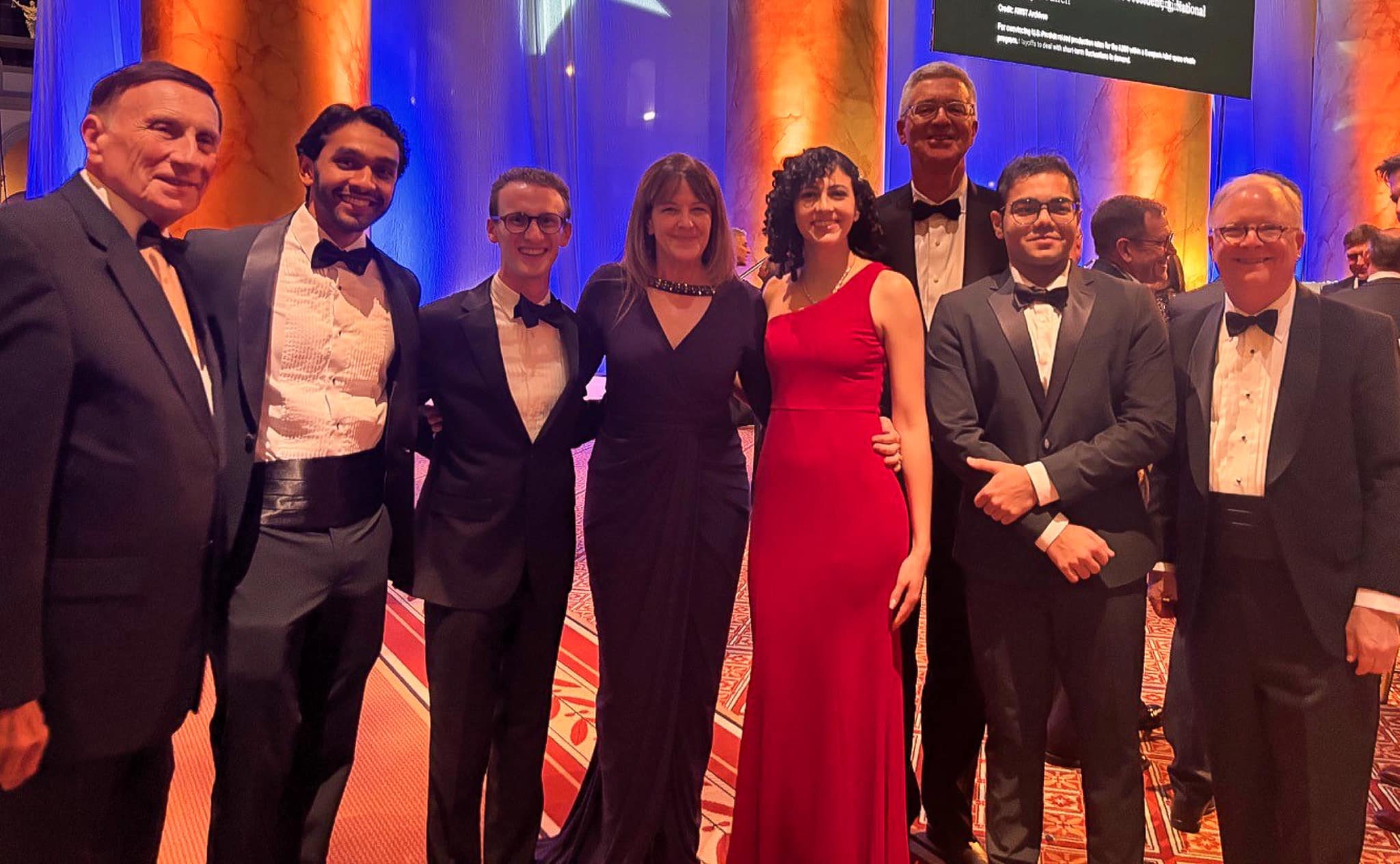 Pictured here at the ceremony (from left) are former Congressman John Mica; 20 Twenties honorees Vikas Patel and Trevor Simoneau; Embry‑Riddle Trustee Janet Kavandi; 20 Twenties honoree Liz Bosch; Embry‑Riddle President P. Barry Butler, Ph.D.; 20 Twenties honoree Henil Patel; and Boeing Center for Aviation and Aerospace Safety Executive Director Robert Sumwalt.